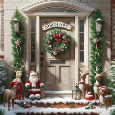 Decoración navideña estilo Polo Norte con Santa y renos frente a una puerta marcada con North Pole