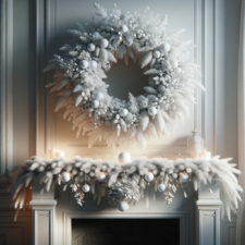 Elegante guirnalda blanca navideña colocada sobre la repisa de una chimenea, adornada con luces blancas delicadas y decoraciones sutiles, aportando una sensación de sofisticación y pureza al entorno doméstico