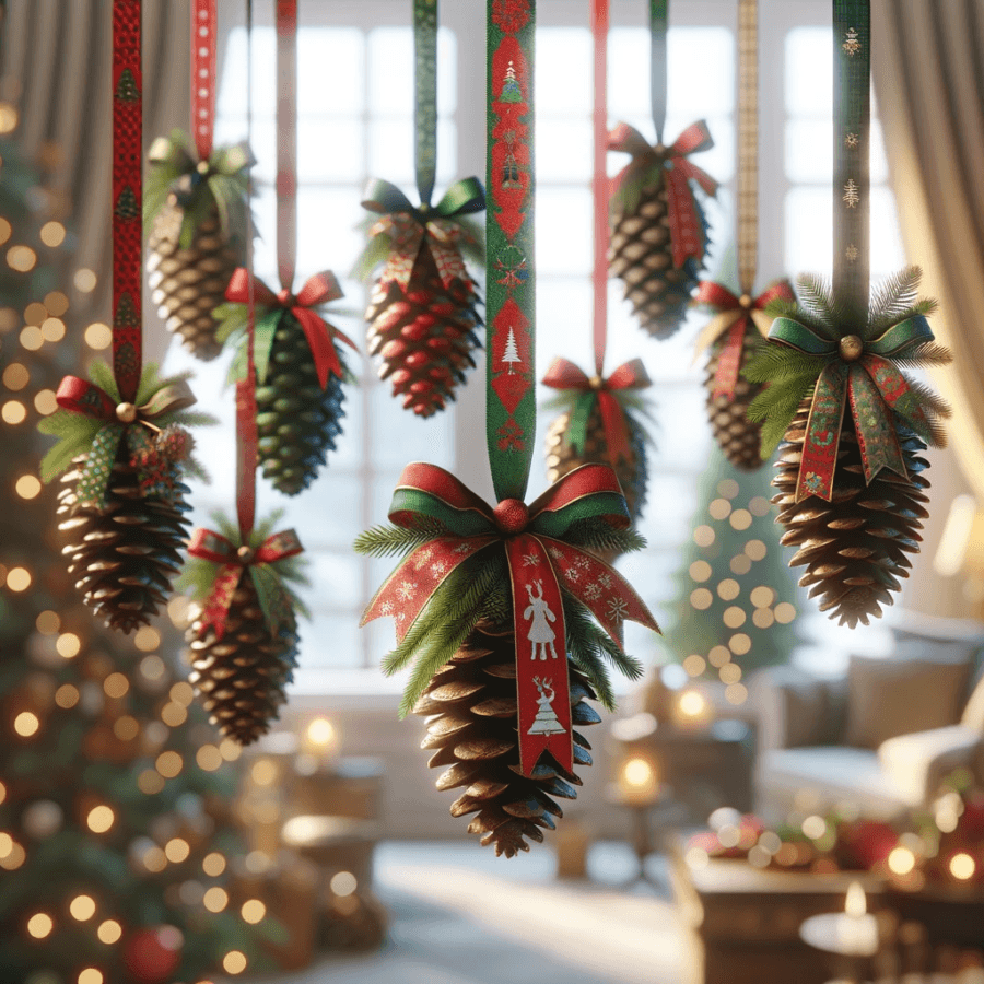 Piñas de pino colgantes con cintas para decoración navideña