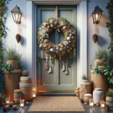 Puerta verde adornada con una corona natural con piñas y adornos, flanqueada por faroles y plantas en cestas, y medias navideñas colgando, todo invitando a un ambiente hogareño y festivo.