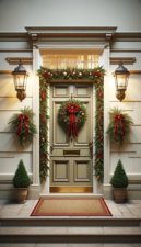 Una puerta frontal clásica decorada con guirnalda festiva de ramas perennes, piñas, y lazos rojos, con dos pequeños árboles de navidad a ambos lados y farolas iluminadas que enmarcan la entrada acogedora.